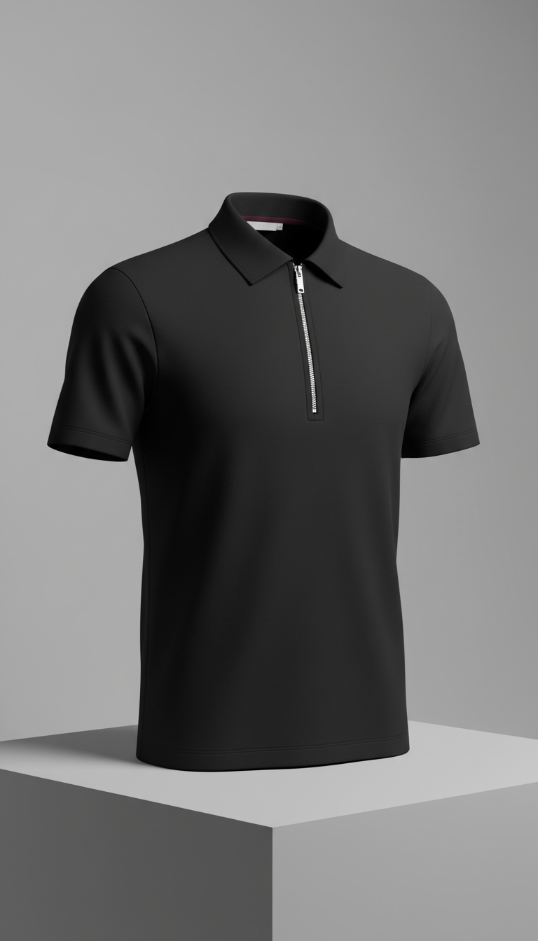 Jet Black Zipped Polo with Silver Zip