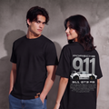 Ferovive black oversized t-shirt with motorsport-inspired racing graphic