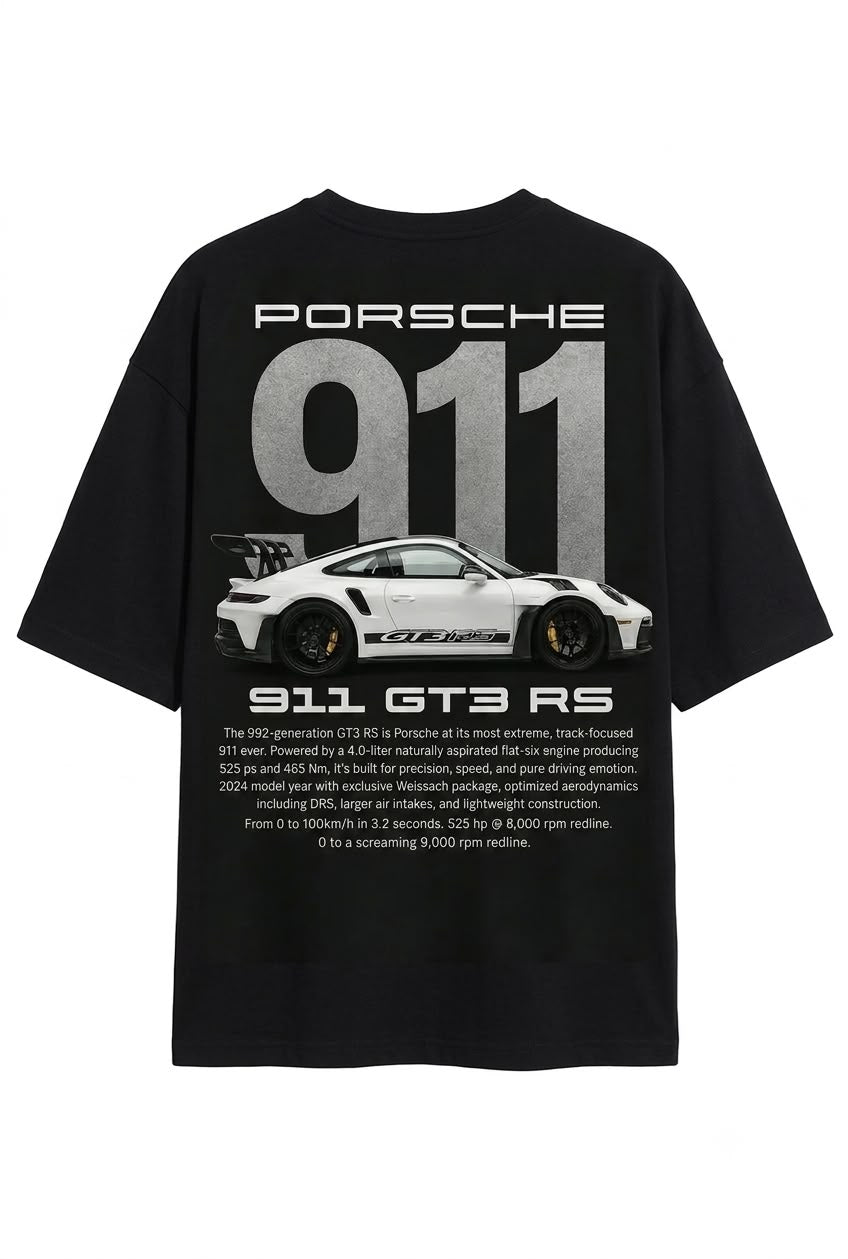 Ferovive black oversized t-shirt with motorsport-inspired racing graphic