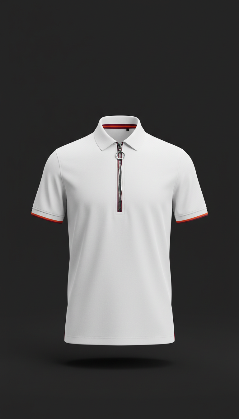 Crisp White Polo with Chrome Zip