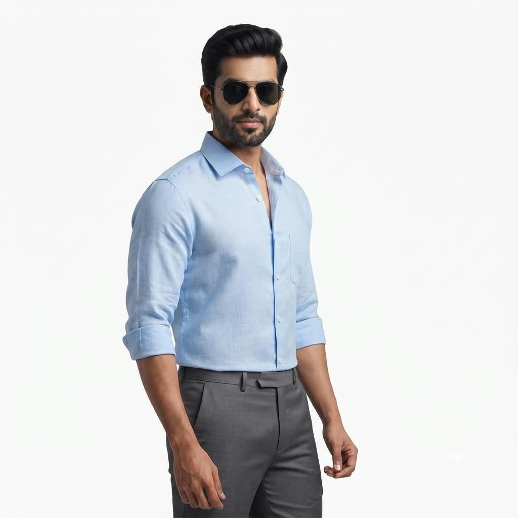 Blue Mens Formal Cotton Linen  Shirt
