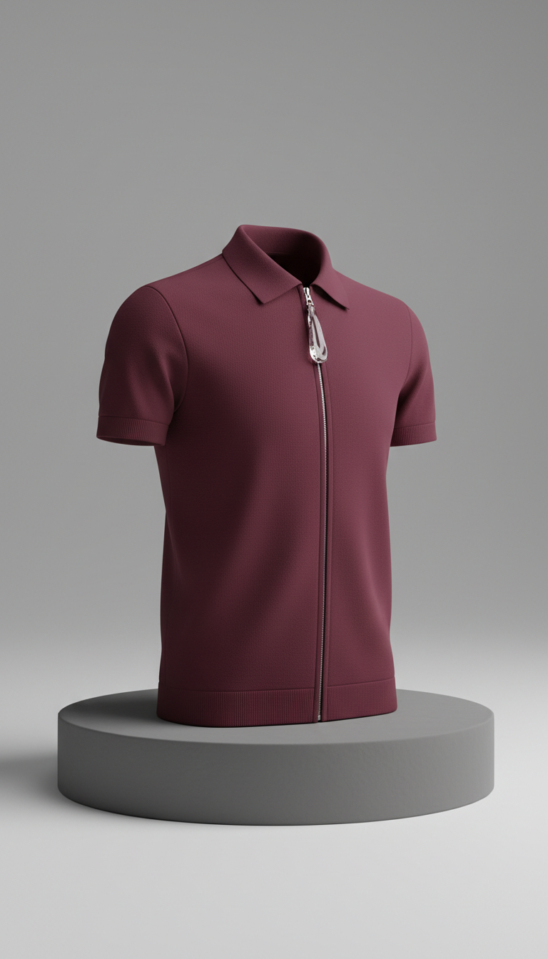 Burgundy Zipped Polo with Liquid Glass Detail