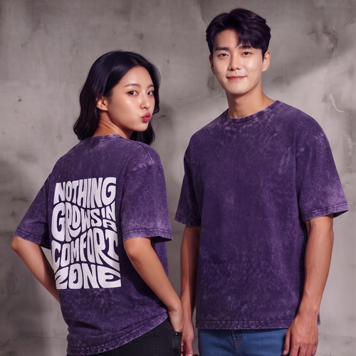 Ferovive violet acid-wash oversized t-shirt, Nothing Grows in a Comfort Zone print